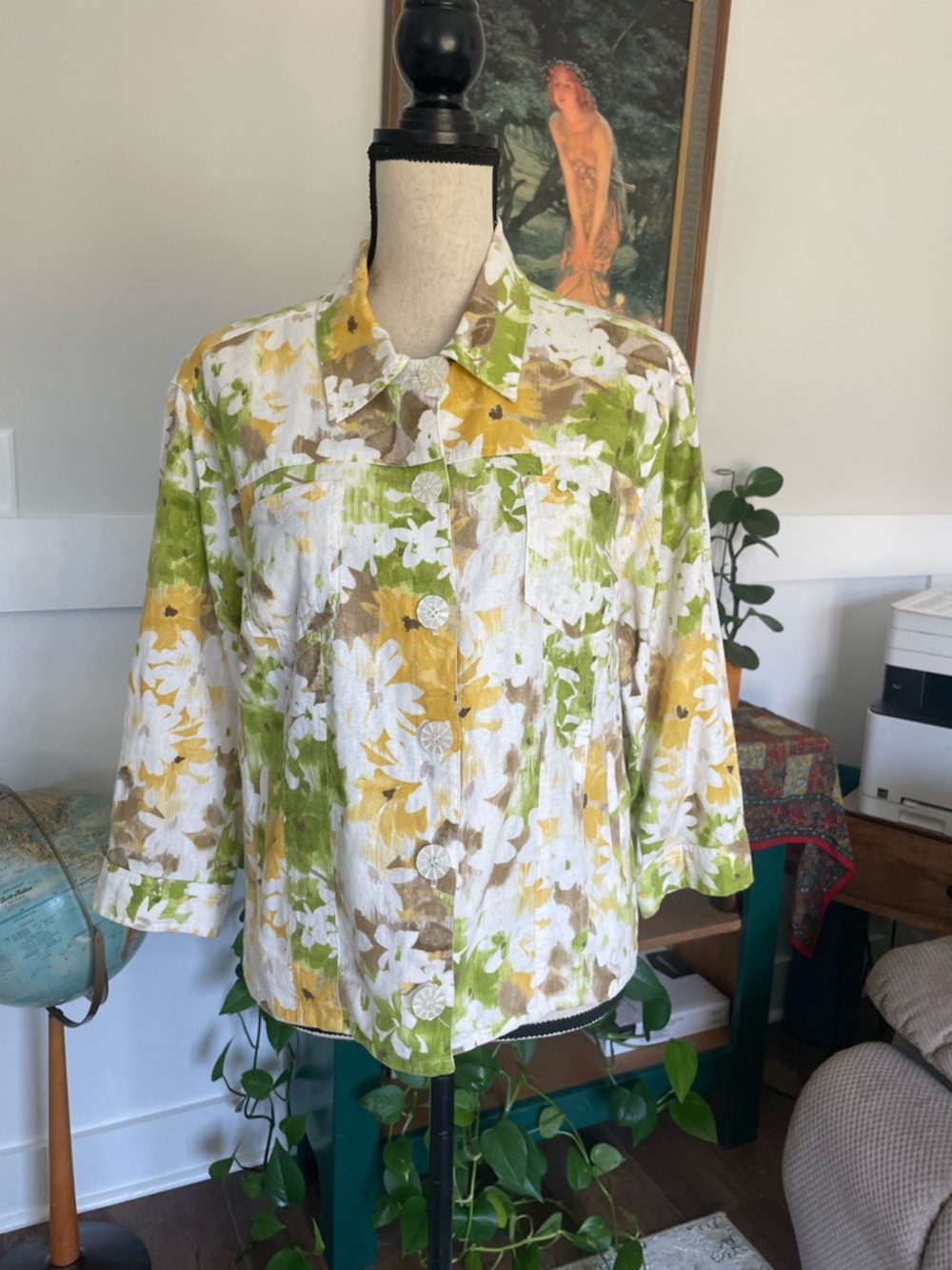 Company Collection Petite 16 Floral Linen Jacket Large Buttons Vintage
